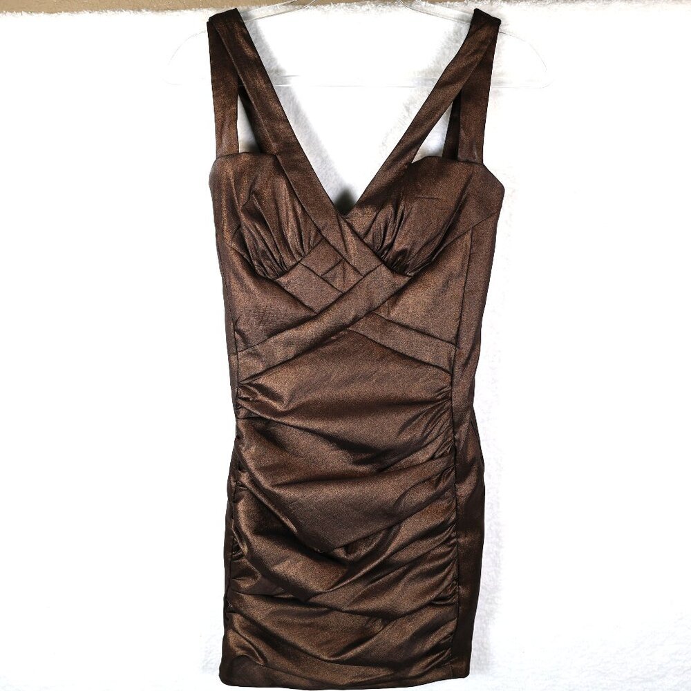 Jessica McClintock Bodycon Dress Womens 4 Bronze Metallic Ruched Mini Y2K‎ Vtg